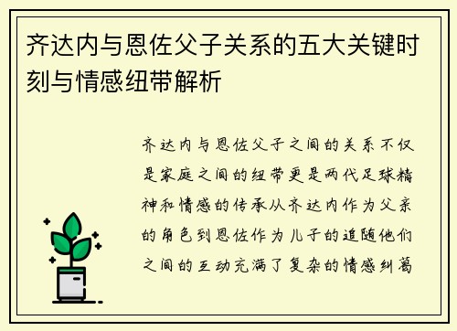 齐达内与恩佐父子关系的五大关键时刻与情感纽带解析
