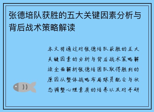 张德培队获胜的五大关键因素分析与背后战术策略解读