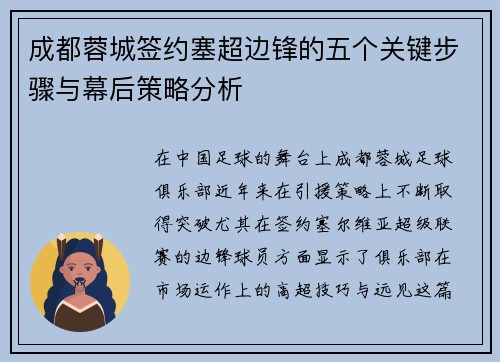 成都蓉城签约塞超边锋的五个关键步骤与幕后策略分析