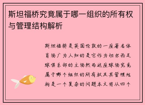 斯坦福桥究竟属于哪一组织的所有权与管理结构解析